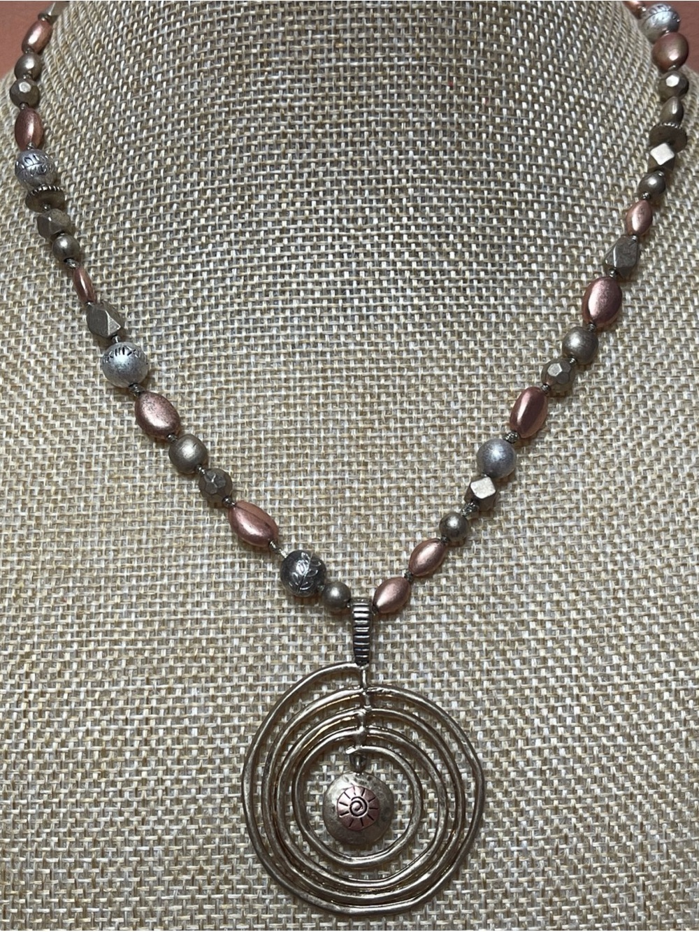 Sigrid Olsen mixed metal beaded boho necklace with reversible spiral pendant